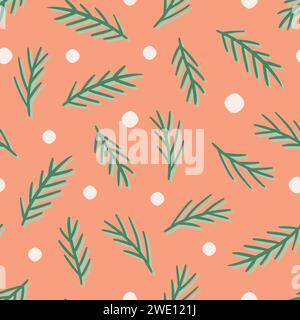 Seamless pattern with coniferous twigs. Vector illustration of fir branch. Green twigs on peach pink. Stock Vector