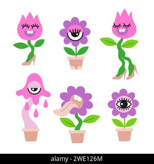 Vector hand drawn illustration. Set of psychedelic angry house plants in a flat cartoon style Stock Vector