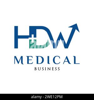 Initial Letter HDW Medical, Hospital or Cross Plus Business Arrow Up Icon Logo Design Template Stock Vector