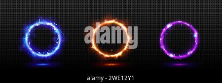 Set of light effect circles isolated on transparent background. Vector realistic illustration of blue, orange, purple avatar frames with lightning str Stock Vector