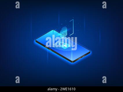Cybersecurity technology Smartphones with screen security have a fingerprint scanning lock. Mobile phone that protects against theft and cyber theft, Stock Vector