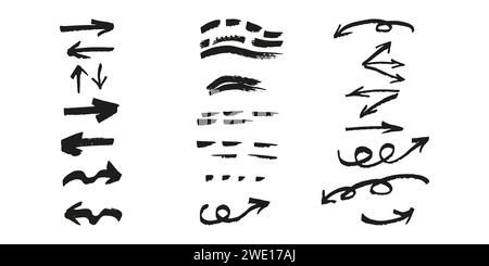 Brushes and elements for notes highlighting text. Arrows strokes dotted lines. Vector illustration... Stock Vector
