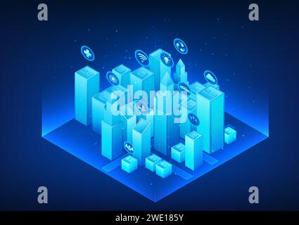 Smart city technology A future city that uses technology and artificial intelligence to manage transportation, energy, and digital infrastructure for Stock Vector