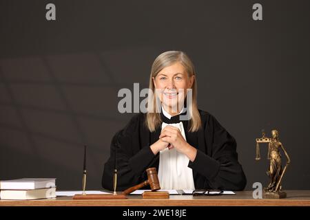 Portrait of smiling judge in court dress at table indoors. Space for text Stock Photo