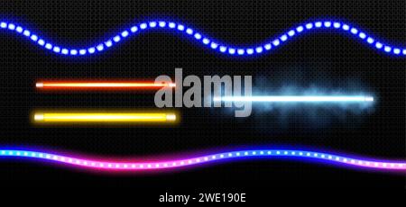 LED lamps in straight tube and waved stripe with bright neon colored light with beam and smoke. Realistic vector illustration set of luminous fluoresc Stock Vector