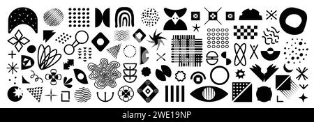 Big black and white brutalist elements set, monochrome memphis design geometric shapes, brutal primitive figures of swiss design, vector forms and sha Stock Vector