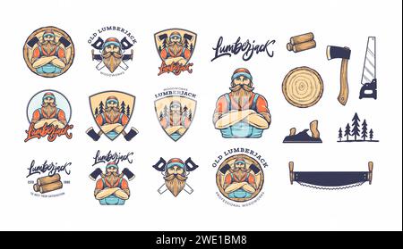 Old retro vintage lumberjack and woodworks vector set illustration. Carpentry craftsman or carpenter tools emblem. Stock Vector