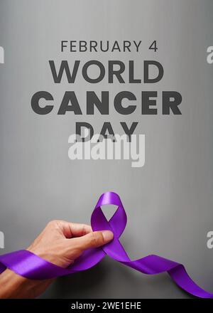 World cancer day, lavender purple ribbon to support people living with cancer. Raise awareness of all types of cancer. Healthcare and medical concept. Stock Photo