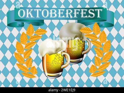 oktoberfest background with two beer on blue and white Stock Vector