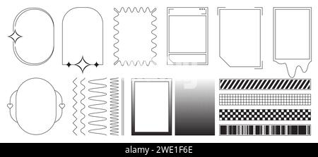 Y2k style line frame and border with decorative element for 2000s design. Simple outline vector illustration set of aesthetic minimal graphic box. Ova Stock Vector