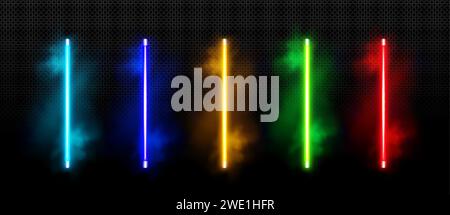 Neon led tubes set isolated on transparent background. Vector realistic illustration of turquoise, blue, yellow, green, red bar lamps glowing in smoke Stock Vector