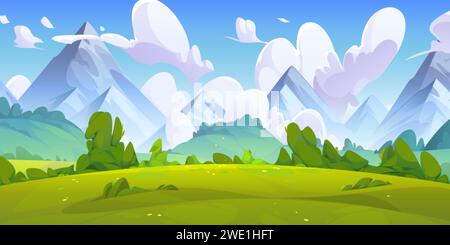 Summer natural landscape with green grass, bushes and trees on meadow in foot of high mountains. Cartoon vector panoramic scenery with grassland near Stock Vector
