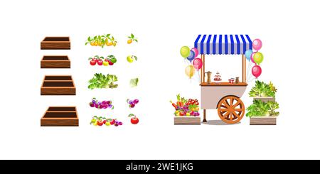Trading tray on wheels with vegetables. Boxes for fruits and herbs. Fair. Holiday, balloons. Cartoon Vector illustration. Stock Vector