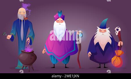 Old wizard cartoon character with magic stuff. Vector illustration set of three different cultures magician warlock man with grey long beard prepare potion in cauldron, hold fantasy stick and broom. Stock Vector
