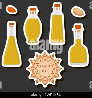 Illustration on theme big set different types liquid oil, bottle various size, collection meal oil for organic health beverage in bottle, oil in exclu Stock Vector
