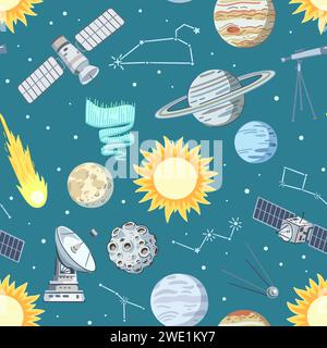 Seamless pattern with stars, planets and satellites in cosmos. Cartoon print with space elements, vector illustration. Stock Vector