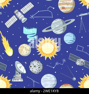 Seamless pattern with stars, planets and satellites in cosmos. Cartoon print with space elements, vector illustration. Stock Vector