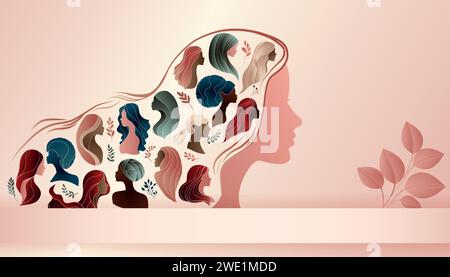 In profile silhouette of a woman with a multicultural women's silhouettes inside, representing a woman amplifying the voices of other women. Banner Stock Vector