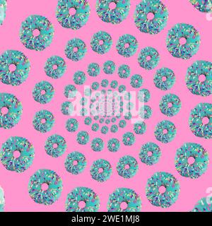 Teal blue donuts with sprinkles spiraling in circles on a pink background Stock Photo