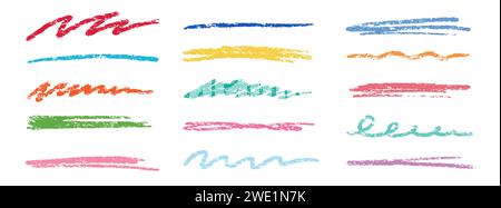 Crayon brush stroke color underline. Chalk pen highlight stroke. Vector hand drawn brush underline element set for accent, crayon texture emphasis element. Color kid chalk vector illustration Stock Vector