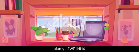 Laptop computer on window with mountain view. Vector cartoon illustration of blue lake water in green valley, computer, lamp and flowerpot on windowsill, pink room, pictures and bookshelves on wall Stock Vector