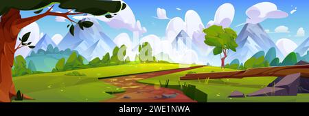 Winding path in meadows with green grass, trees and bushes leading to rocky mountains. Summer natural landscape with hills and field, trail and blue s Stock Vector