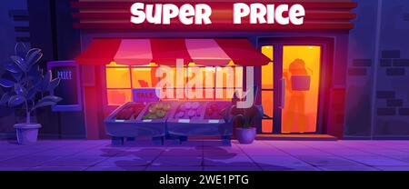 Grocery store at night with lamp light from big glass windows and door, tent and plant in pot, vegetables and fruits in wooden crate on sidewalk. Cartoon vector dark dusk facade of food market. Stock Vector