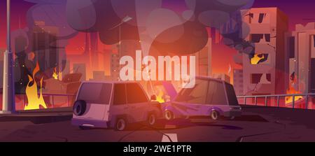 Car crash on street of city at war. Vector cartoon illustration of collided autos burning on road, fire flame and smoke in windows of damaged buildings, shelling attack aftermath, destroyed town Stock Vector