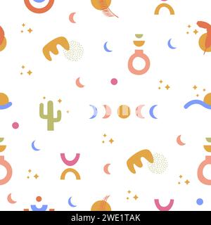 Bohemian Tropical Summer Seamless Pattern with abstract geometric elements, moon cycle, cactus, tropical palm leaf in bright colors. Trendy boho shape Stock Vector