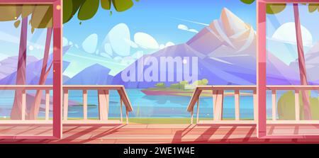 Mountain lake view from wooden terrace. Vector cartoon illustration of chalet house veranda with glass door, beautiful spring nature scenery with rocky peaks, green trees, clouds in blue sunny sky Stock Vector