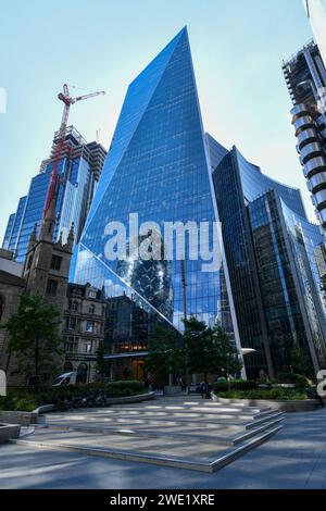 London, United Kingdom - Aug 26, 2022: The Scalpel in London, UK with the Gherkin in its reflection. Stock Photo