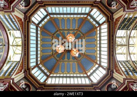 London, UK - Aug 26, 2022:  Iconic painted roof of the Leadenhall market. Built in 1881. There are many bars restaurants and shops. Famous tourist sig Stock Photo