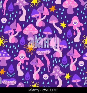 Vector seamless pattern of psychedelic neon mushrooms. Crazy mushrooms. Stylized mushrooms in neon pink and purple colors on a dark background Stock Vector