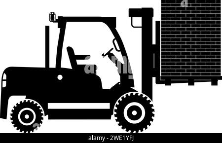 Silhouette of Wheel Forklift with Brick Icon in Flat Style. Stock Vector