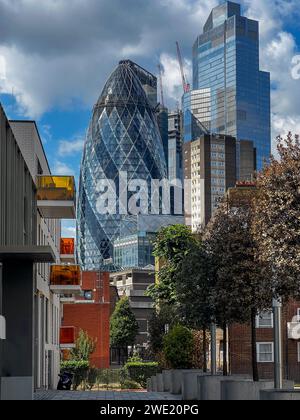London, England - Aug 27, 2022: An exterior view of the 30 St Mary Axe, The Gherkin. Stock Photo