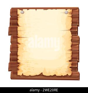 Wooden plank with parchment paper, rustic wooden frame in cartoon style isolated on white background. Panel, plate ui game design. textured timber. Vector illustration Stock Vector