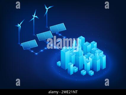 Renewable energy technology Generating wind and solar energy into smart cities is electricity that does not create pollution. clean energy A city that Stock Vector