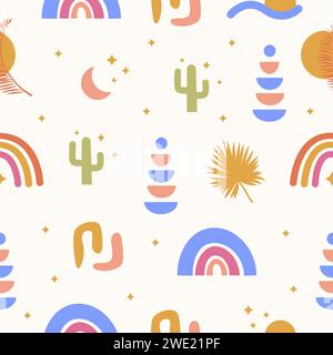 Bohemian Tropical Summer Seamless Pattern with abstract geometric elements, rainbow, cactus, tropical palm leaf in bright colors. Trendy boho shapes i Stock Vector