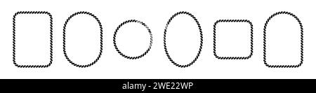 Vector rope frames. Silhouette borders are round, oval and square. Pack of isolated elements on a white background. Stock Vector
