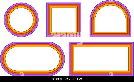 Groovy rainbow frames in 1970s hippie style. Psychedelic retro borders. Text box funky 70s. Good vibes background. Pop vintage groovy square frame Stock Vector