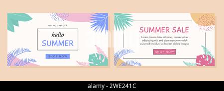 Set of trendy abstract horizontal banner templates with tropical palm leafs and geometric elements. Modern colorful summer sale background design with Stock Vector