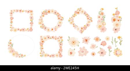 Set of floral wreaths, floral frame for wedding, Easter, invitations. Flat cartoon flower vector. Stock Vector