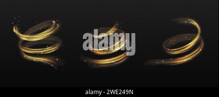 Magical swirls of golden powder and sparks realistic vector illustration set. Dreamlike whirls of glitter 3d elements on transparent background Stock Vector