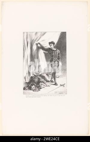 Hamlet at the corpse of Polonius, Eugène Delacroix, 1835 print Print is part of a cover with fourteen prints. Paris paper  Hamlet, Prince of Denmark Stock Photo