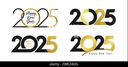 Set of creative number icons. Happy New Year 2025 design concepts. Two colors template. Typographic congrats. Greeting card collection. Black and gold Stock Vector
