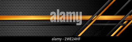 Black and golden glossy stripes on dark perforated background. Vector banner design Stock Vector
