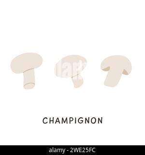 Set of whole and cut in half edible champignon mushrooms isolated on white background. Tasty fresh raw product, organic vegan food ingredient. Vector Stock Vector