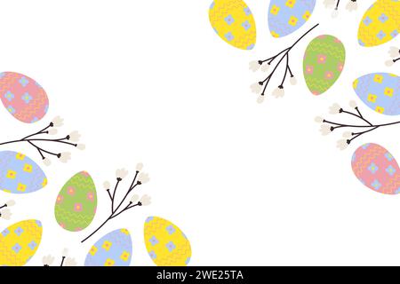 Easter corner frame with top and bottom border of vibrant painted eggs and spring twigs. Copy space. Easter greetings design concept. Isolate. EPS. Vector for cards, banner, poster or web or price tag Stock Vector