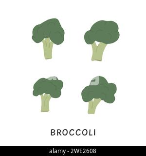 Set of different shaped Broccoli with stalks and tops. Brocoli with lush heads and stems. Green brocolli vegetables. Fresh healthy vegetarian food. Ve Stock Vector
