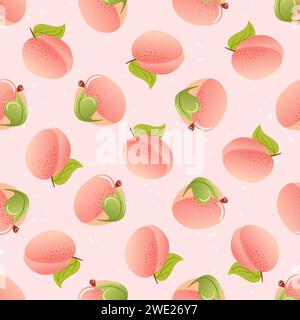 Peach Fuzz. summer seamless pattern in minimalistic style. Tropical exotic fruits, leaves. Healthy food. For menu, cafe, wallpaper, fabric background Stock Vector